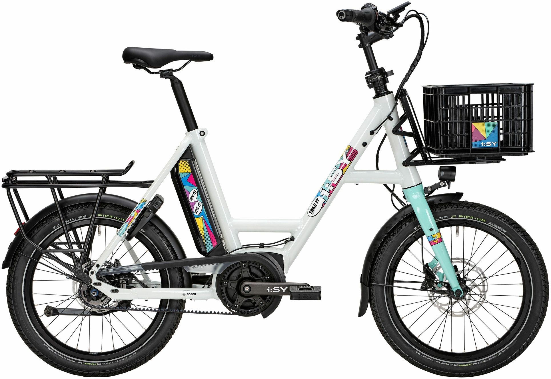 i:SY POP ART E5 ZR F (545 Wh), cambio al mozzo a 5 velocità, bicicletta unisex, compatta, modello 2023, 20 pollici